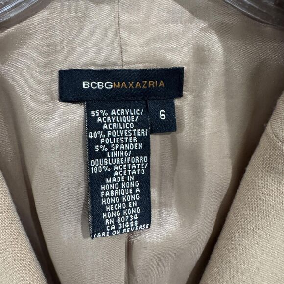 BCBG MaxAzria Blazer Women's 6 Tan Beige Two Button Jacket Career Office Lined - Picture 3 of 6